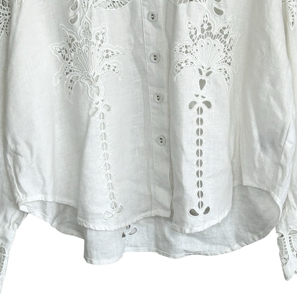 Farm Rio White Palms Linen Top XS Cottage Sheer Lace Embroidered Long Sleeve NEW - Picture 5 of 14